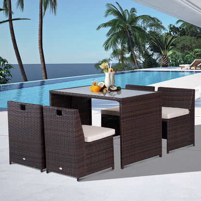 Outsunny 5-teiliges Polyrattan Gartenmöbel-Set, wetterfest Balkonmöbel für 4 Personen Terrassenmöbel mit Tisch 4 Stühle Kissen, Lounge-Set Essgruppe Sitzgruppe für Balkon, Garten, Braun+Khaki