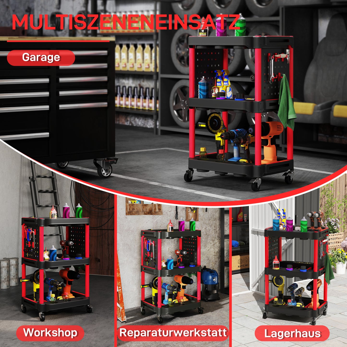 HOMCOM Werkzeugwagen, dreistufige Regale, 4 Räder, Kunststoff, 10 Haken, Rot