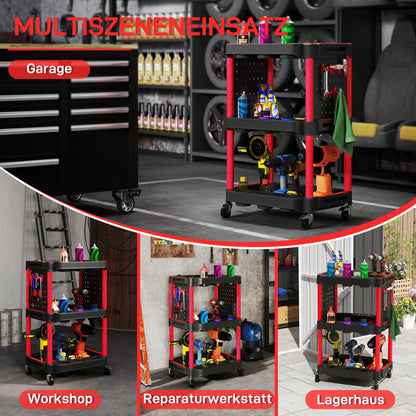 HOMCOM Werkzeugwagen, dreistufige Regale, 4 Räder, Kunststoff, 10 Haken, Rot