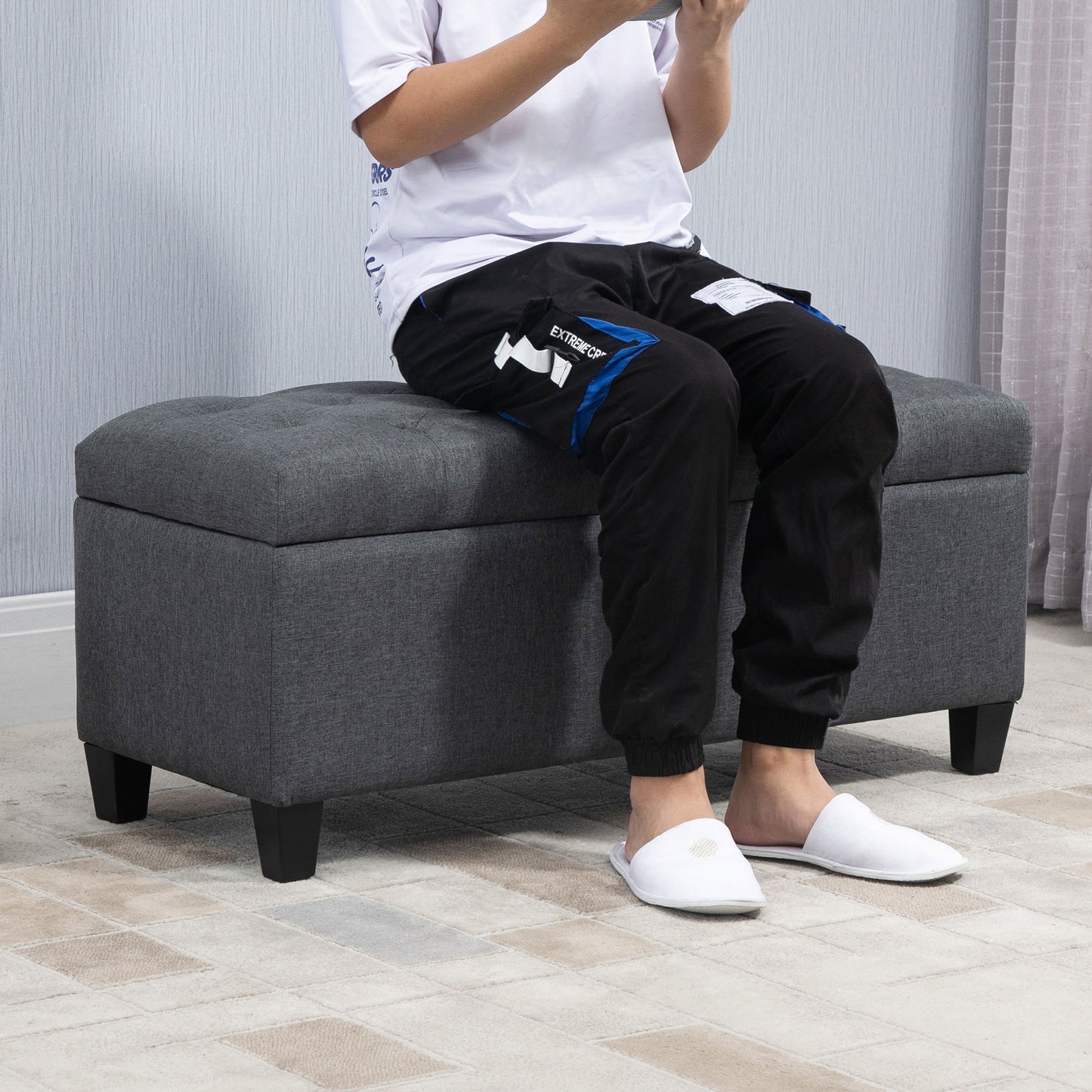 HOMCOM Sitzbank mit Stauraum Polsterbank mit Leinenoptik, Sitztruhe mit Holzbeine, Truhenbank für Wohnzimmer Schlafzimmer Flur 100 x 40 x 44 cm Dunkelgrau