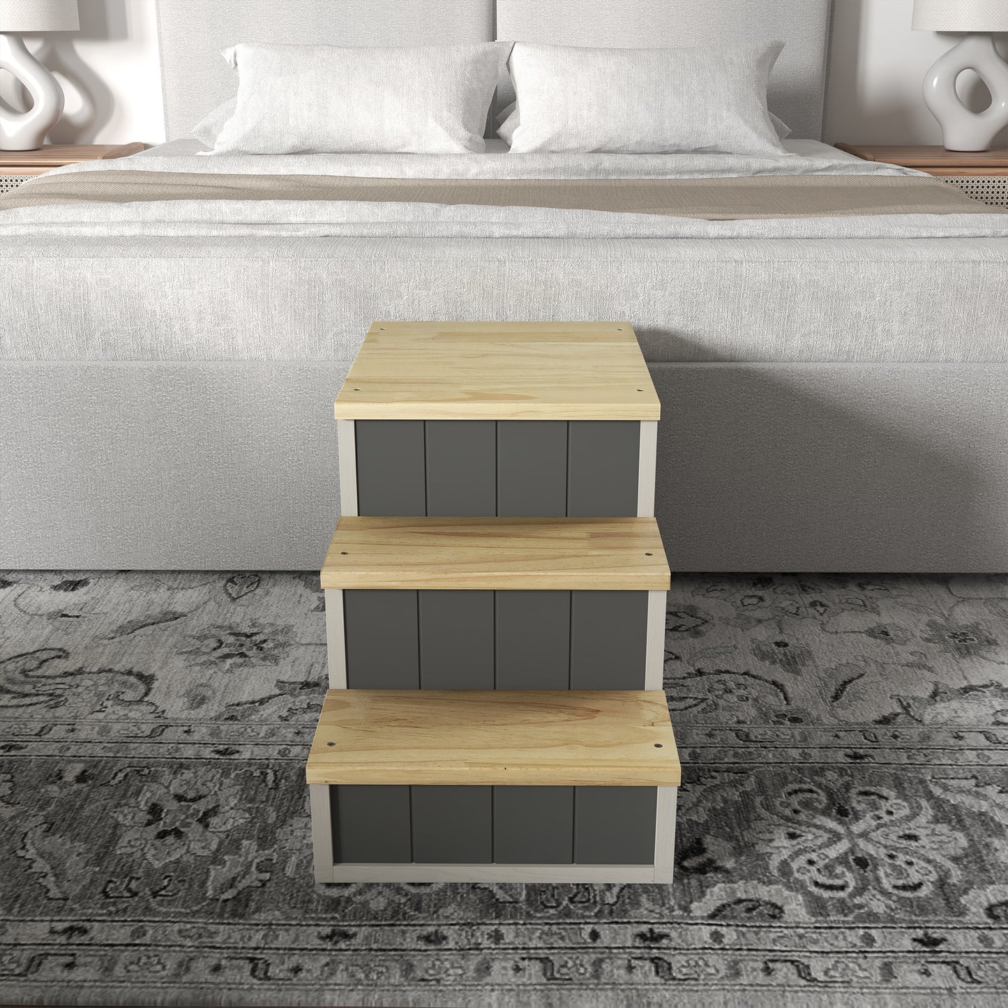 PawHut Haustiertreppe Hundetreppe, 3 Stufen, Kiefernholz, 79 cm x 38,5 cm x 45 cm, Natur + Weiß