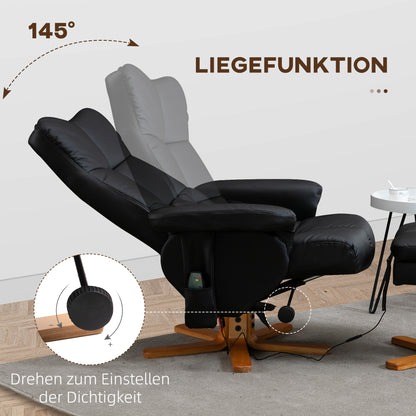 HOMCOM Massagesessel mit Hocker, 145° Neigbarer Relaxsessel mit Massagefunktion Liegefunktion Stauraum, TV-Sessel Fernsehsessel für Wohnzimmer, Kunstleder, 80 x 86 x 99 cm Schwarz