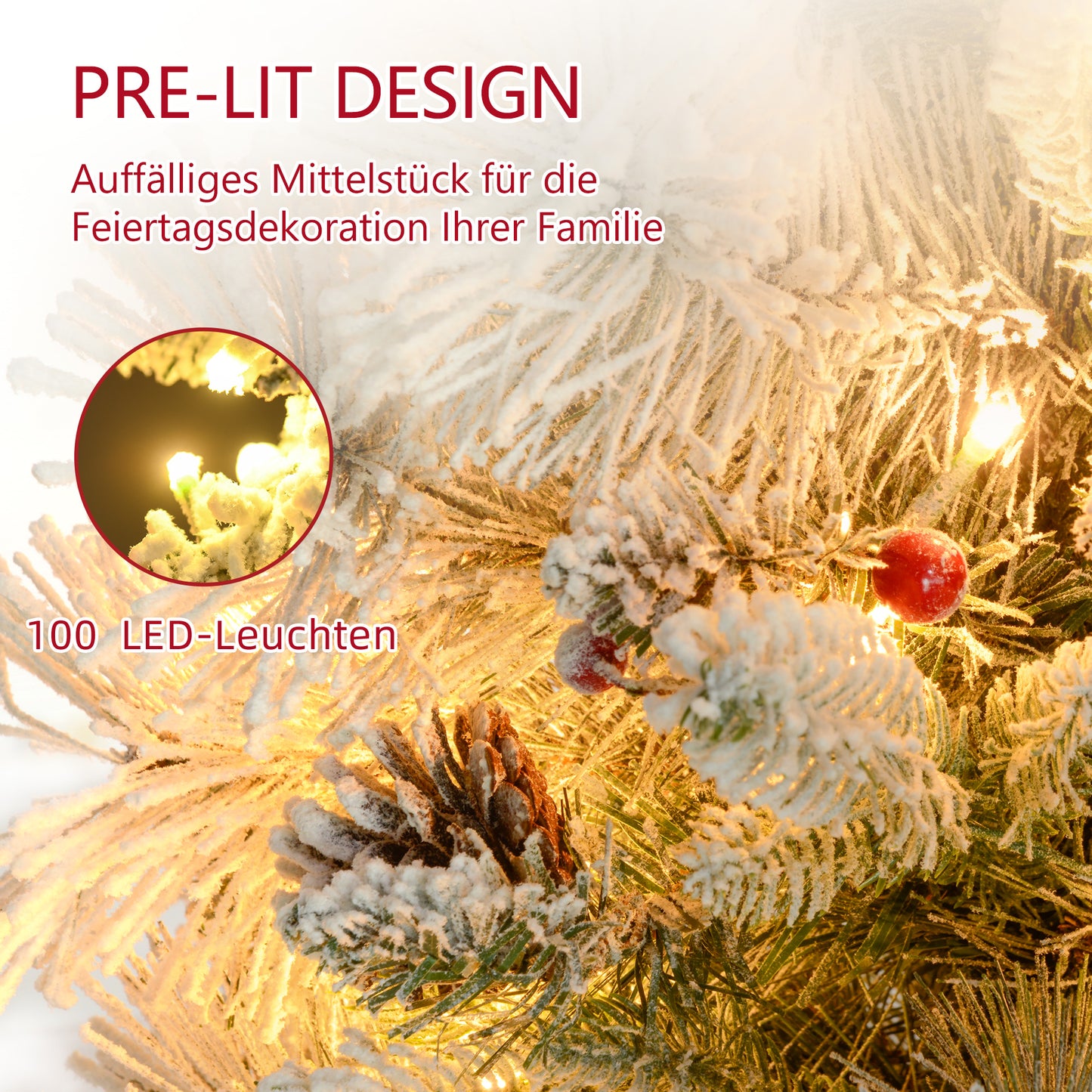 HOMCOM Weihnachtsbaum mit LED-Beleuchtung, 2er-Set, 107 cm, Tannenzapfen, rote Beeren, feuersicher, Grün/Weiß