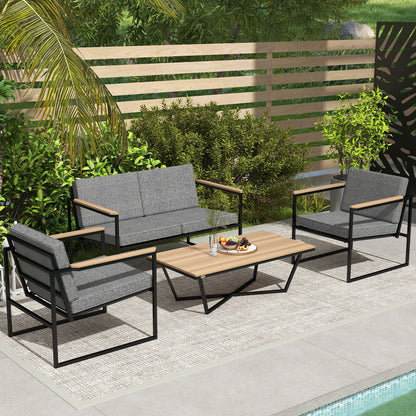 Outsunny Gartenmöbel Set 4 Personen wetterfest Balkonmöbel-Set mit 2er Sofa, 2 Stühle Sitzkissen Beistelltisch Grau