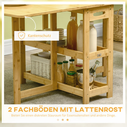 HOMCOM Klapptisch, Esstisch, zwei klappbare Seiten, zwei Ablagen, verstellbare Füße, Bambus, 149,5 x 80 x 73,5cm