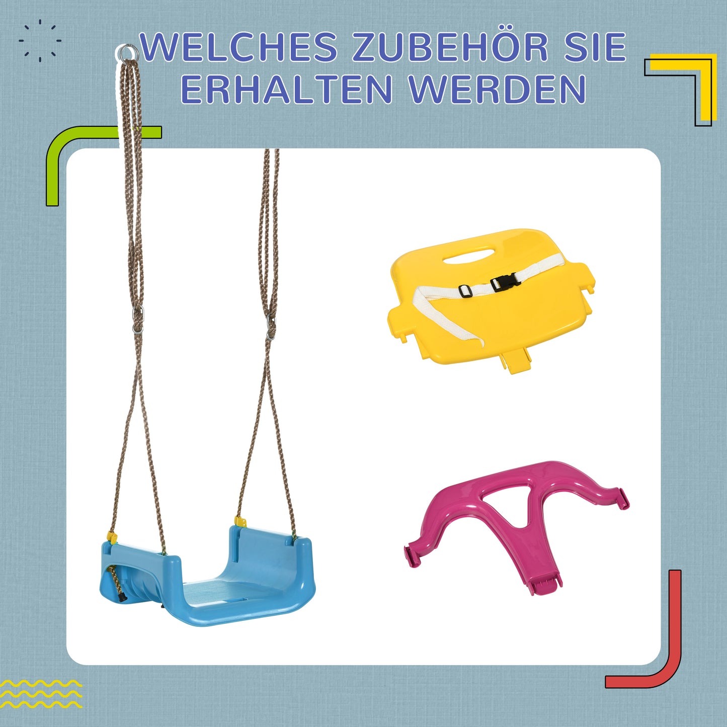 Outsunny 3-in-1 Kinderschaukel, höhenverstellbar, abnehmbare Rücklehne, für In- und Outdoor, blau+gelb, 42 x 33 x 180 cm
