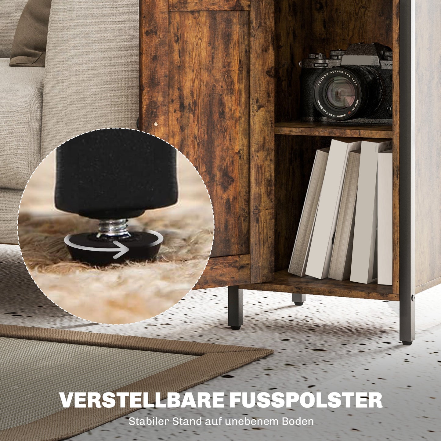 HOMCOM Beistelltisch mit Stauraum, 2 offene Regale, 3-stufig verstellbar, magnetische Tür, Braun