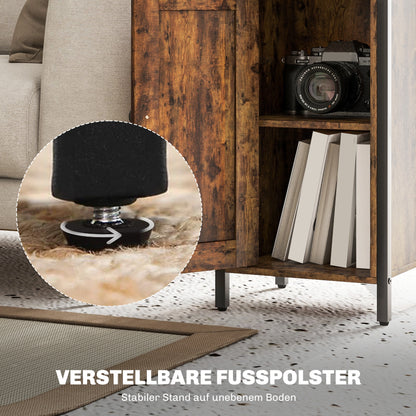 HOMCOM Beistelltisch mit Stauraum, 2 offene Regale, 3-stufig verstellbar, magnetische Tür, Braun