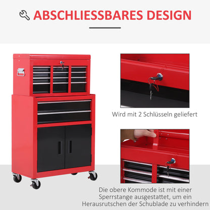 HOMCOM Werkzeugschrank mit Werkzeugkiste, rollbar, 6 Schubladen, Metall, Rot
