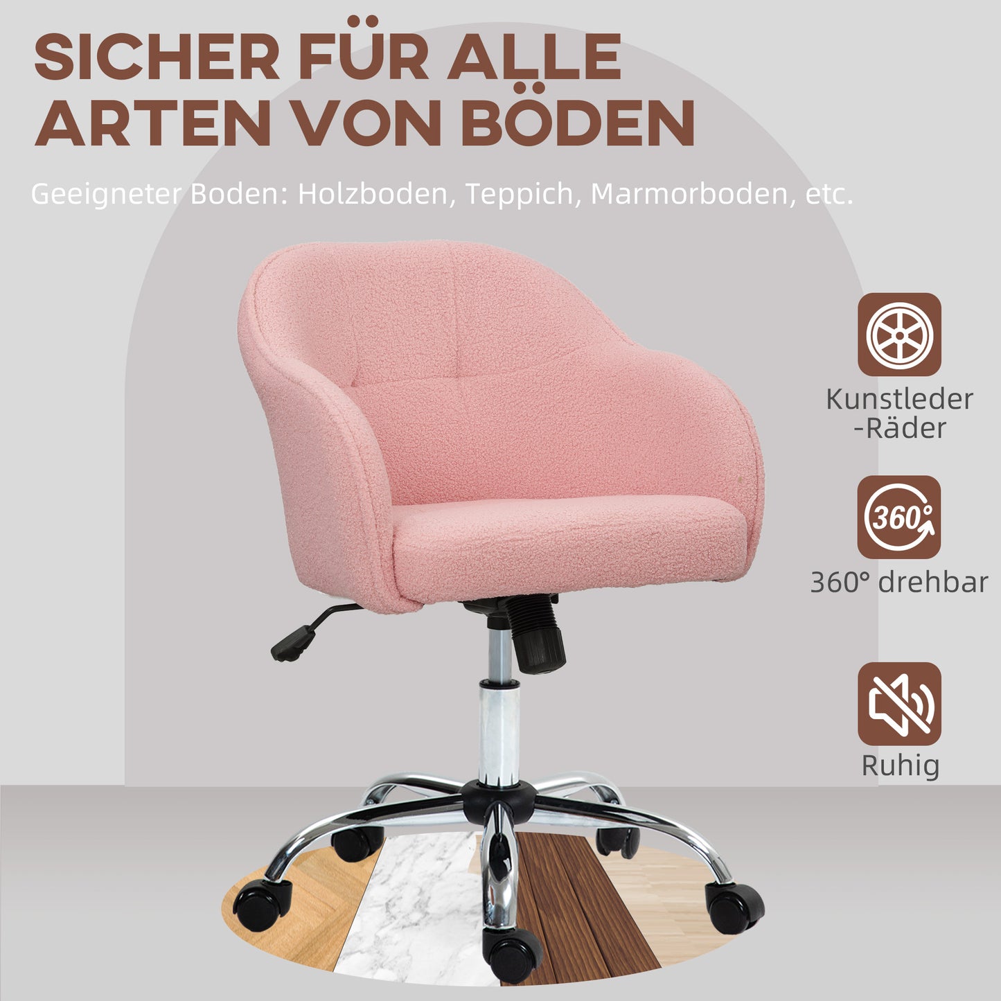 HOMCOM Homeoffice Stuhl, Ergonomisch Schreibtischstuhl mit Wippfunktion, Teddysamtoptik 56 x 61 x 86 cm Rosa