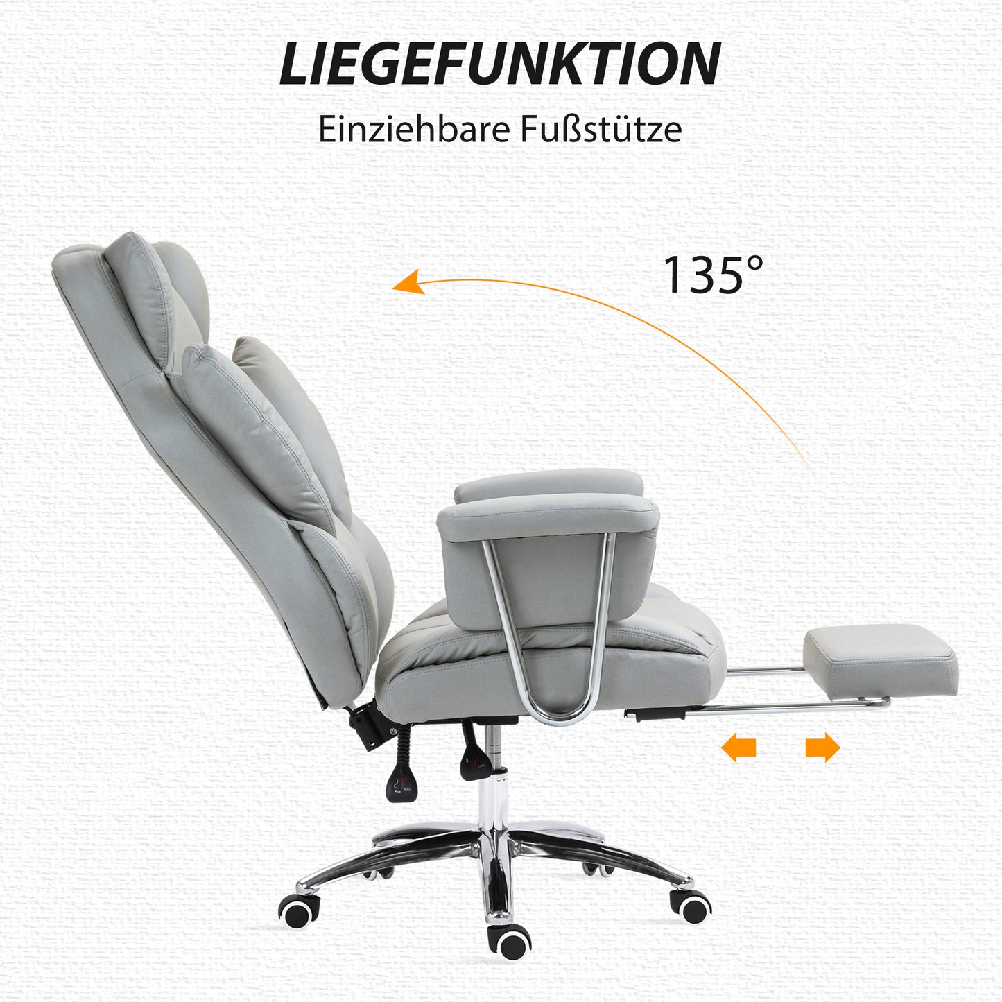 HOMCOM Ergonomischer Bürostuhl, gepolstert, mit Fußstütze, verstellbarer Lehne, 360° drehbar, Hellgrau