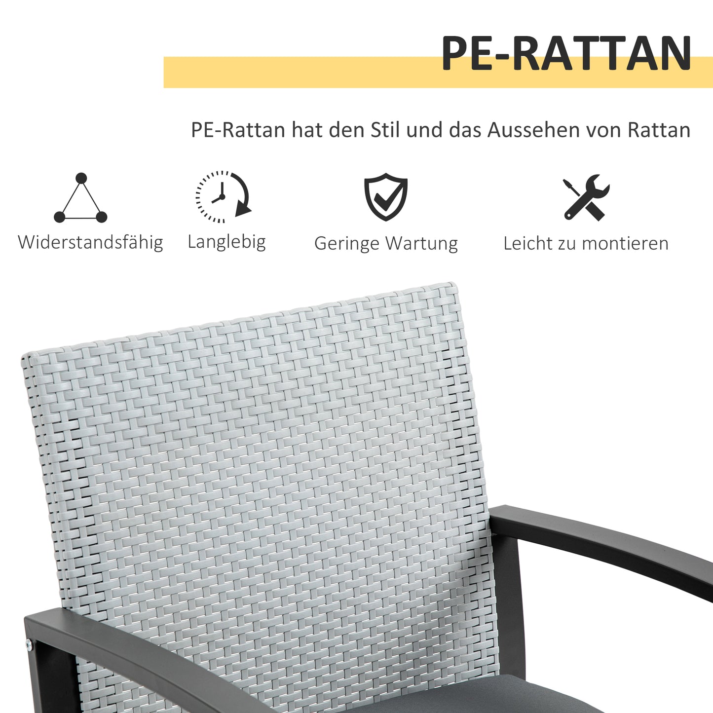 Outsunny Polyrattan Sitzgruppe für 2 Personen Balkonmöbel Set mit Beistelltisch mit Sitzkissen Stahl Schwarz+Grau
