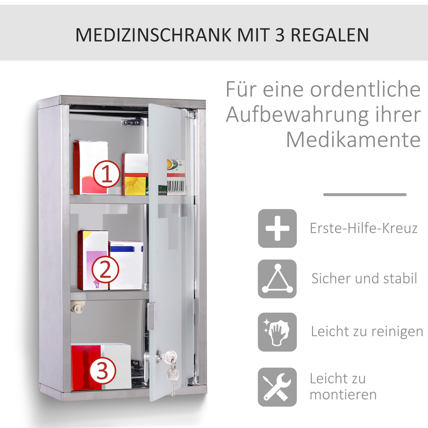 HOMCOM Medizinschrank aus Edelstahl Arzneischrank zur Medikamenten-Aufbewahrung, Abschließbar Medikamentenschrank mit 3 Fächer, Glastür 25 x 12 x 48 cm, Silber