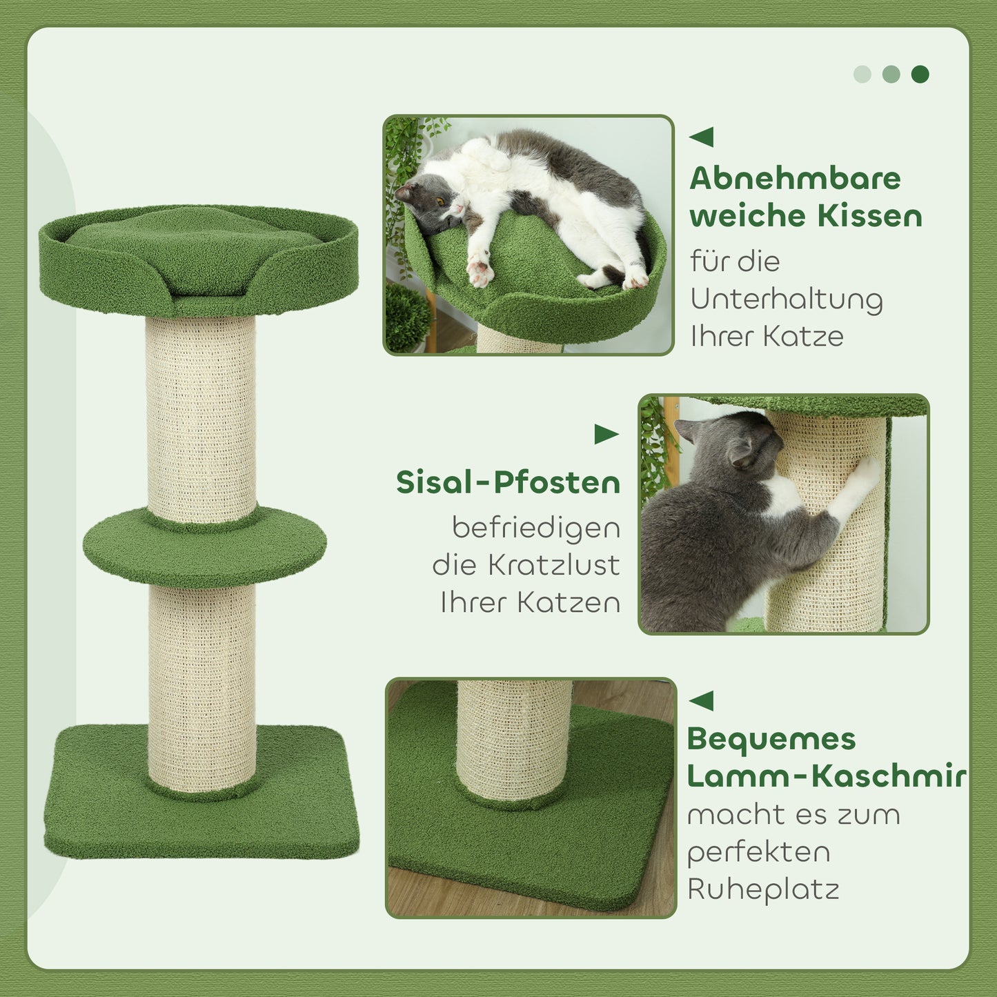 PawHut Katzenbaum 91cm Spielbaum mit Katzenbett, Plattform Lammwolle Grün