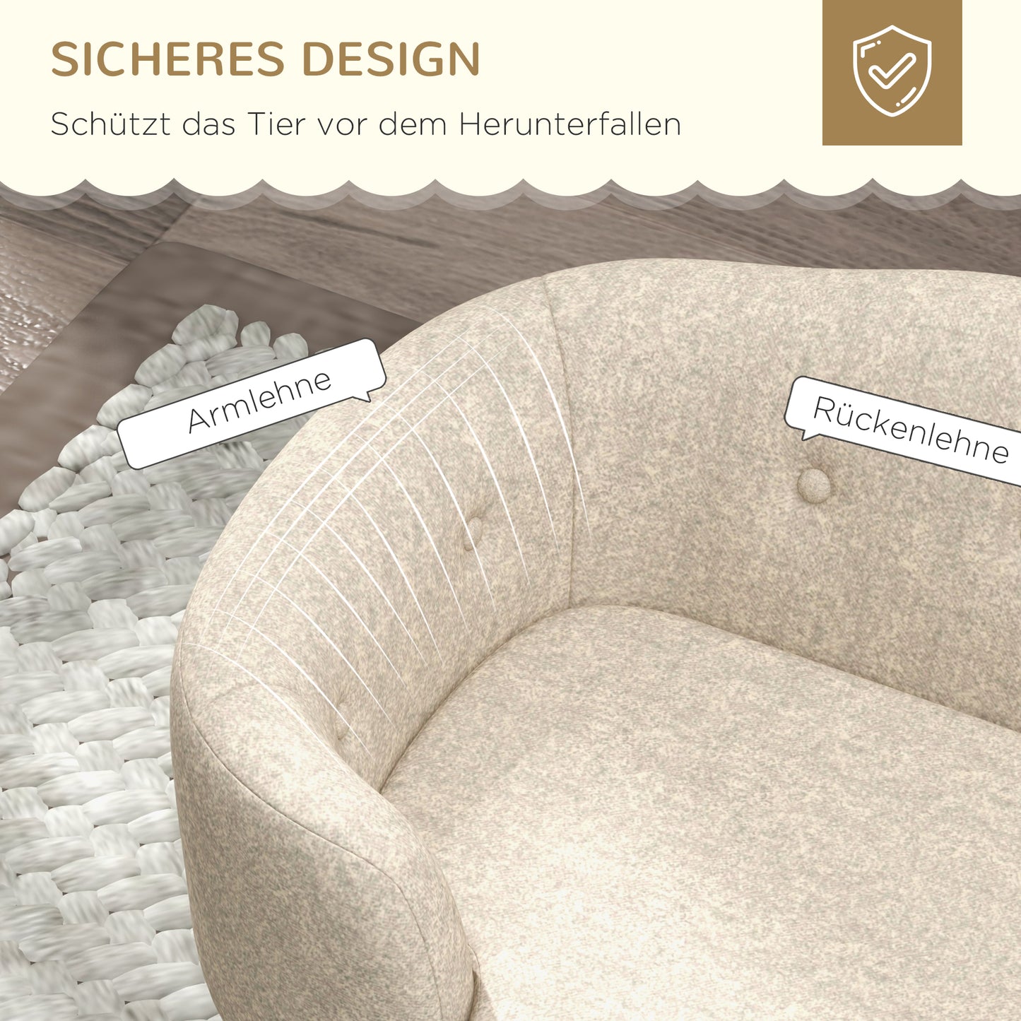 PawHut Haustiersoffa Hundematte Hundebett Hundesofa Hundecouch Katzen Sofa mit Kissen Rückentasche Plüsch Schaumstoff Kiefernholz Cremeweiß 70 x 47 x 30 cm