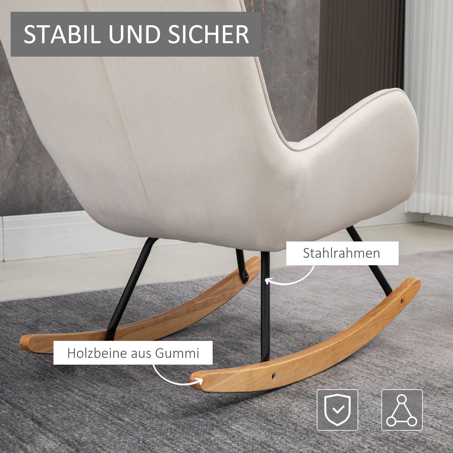 HOMCOM Schaukelstuhl im Skandi-Design Relaxsessel, Knopfheftung, 69 cm x 90 cm x 100 cm, Creme + Natur + Schwarz