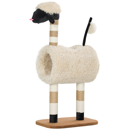 PawHut Katzenbaum im Schaf-Design, mit Kratzpfosten, Tunnel und Spielzeug, 98 cm, Hellbraun