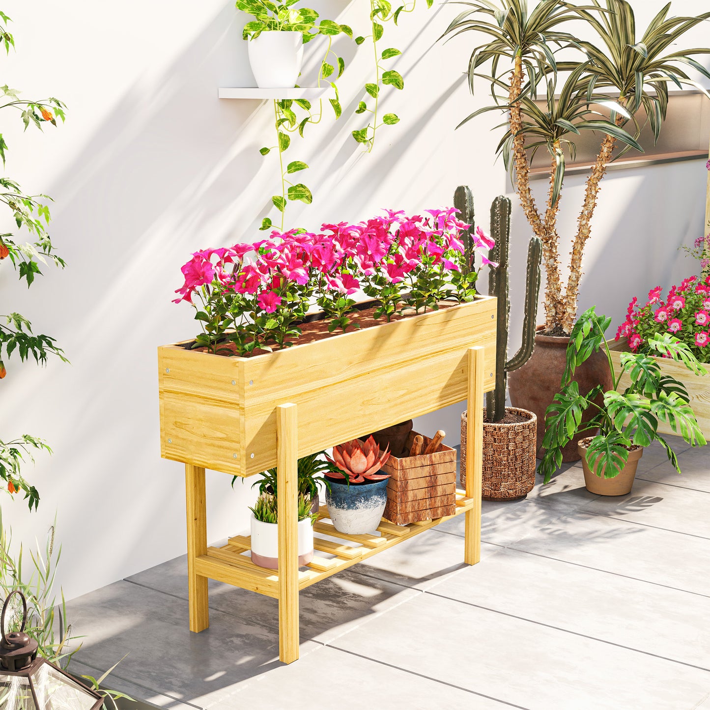 Outsunny Blumenkasten mit unterem Regal, Holzbeet mit Vlies-Auskleidung und Entwässerungslöchern, 100 x 30 x 70,5 cm, Naturholz