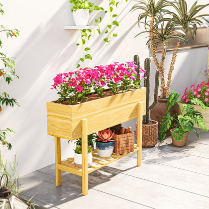 Outsunny Blumenkasten mit unterem Regal, Holzbeet mit Vlies-Auskleidung und Entwässerungslöchern, 100 x 30 x 70,5 cm, Naturholz