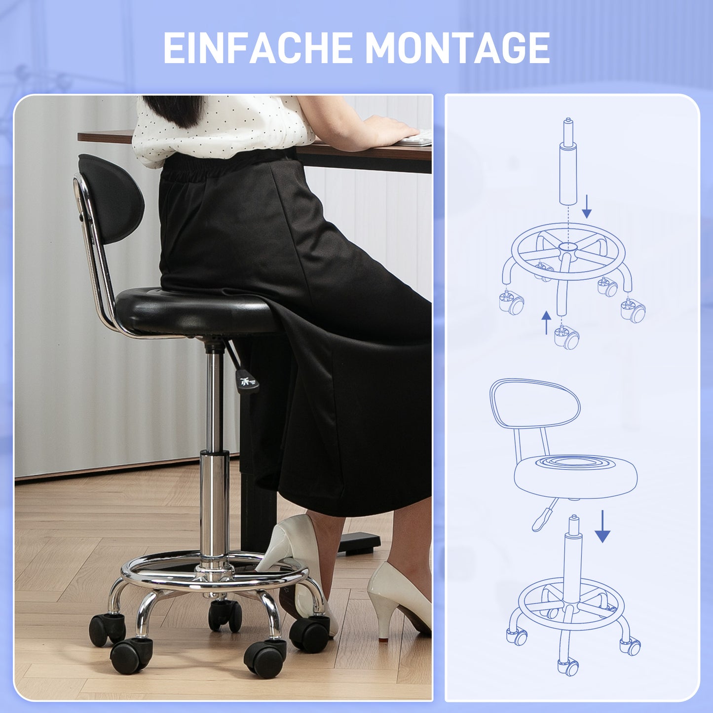 HOMCOM Rollhocker, Drehbarer und verstellbarer Hocker mit Rückenlehne, Kunstlederbezug, Fußstütze, für Frisiertische, Schwarz