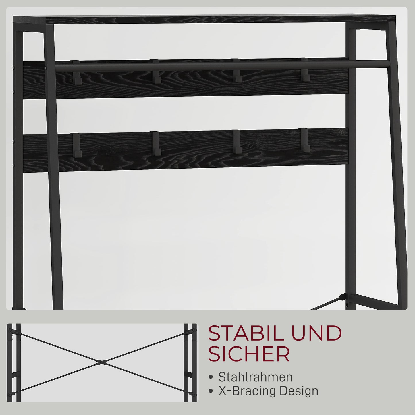 HOMCOM Garderobenständer mit Schuhregal, Kleiderständer im Industrie-Design, 2 Stoffschubladen, 8 Haken, Metallrahmen, Schwarz