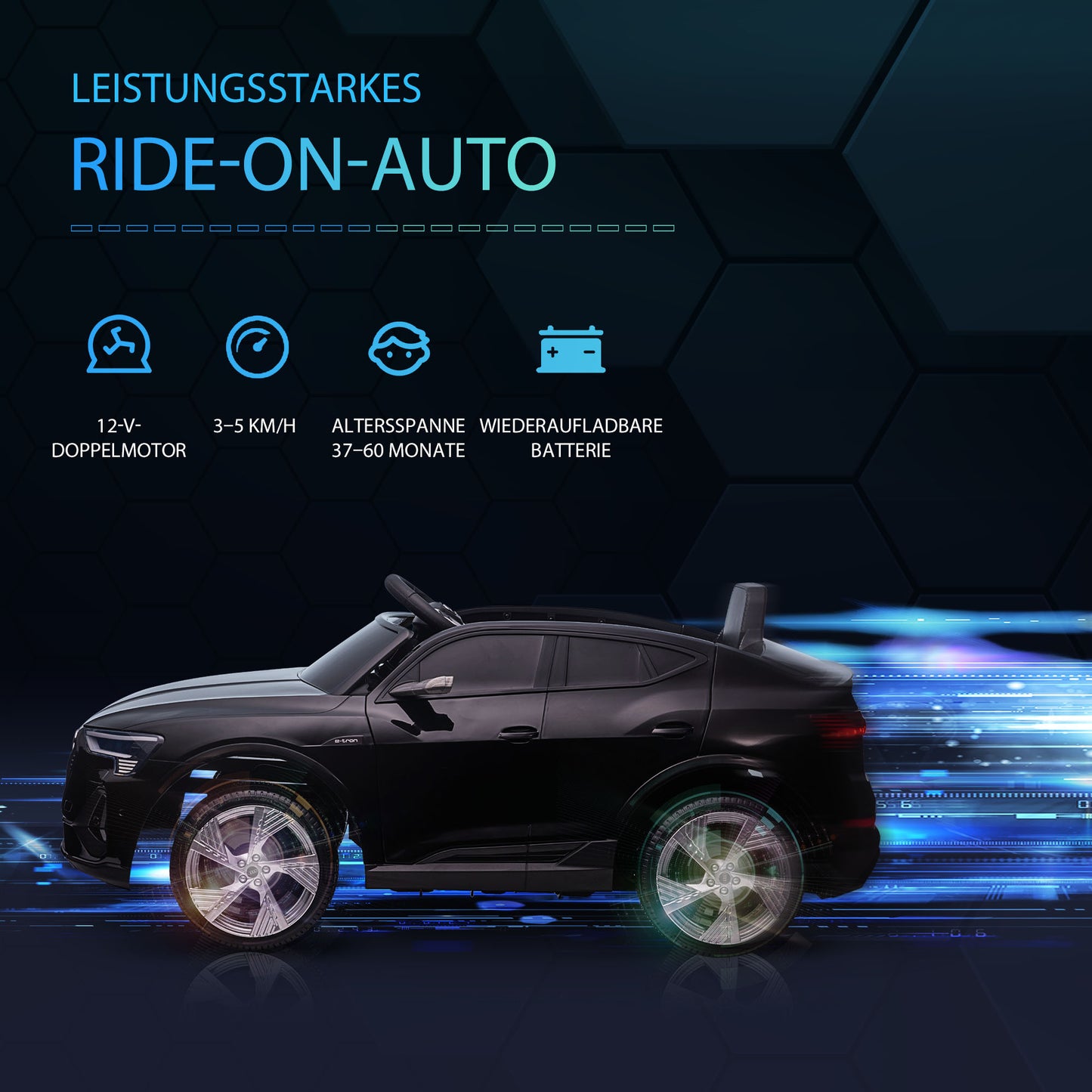 HOMCOM Elektro Kinderauto 12V Elektrofahrzeug Audi E-tron Elektroauto mit Fernbedienung, Sicherheitsgurt, Musik (MP3/USB/TF), Kinderfahrzeug für Kinder 3-5 Jahre, 3-5 km/h, Schwarz