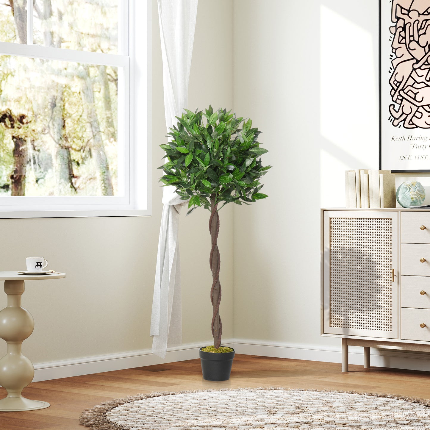 Outsunny 2er-Set Künstlicher Lorbeerbaum, 120 cm, Kunstpflanzen im Zementtopf, Kunststoff-Pflanzen für drinnen und draußen, Grün