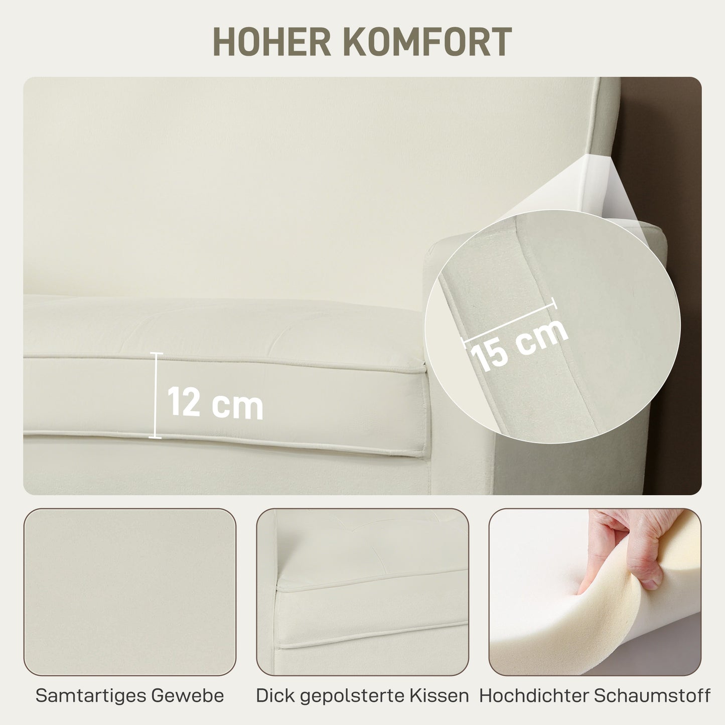 HOMCOM 2-Sitzer-Sofa, Doppelsitzsofa mit Kautschukholzbeinen, Polstersofa für Wohnzimmer, Schlafzimmer, Cremeweiß