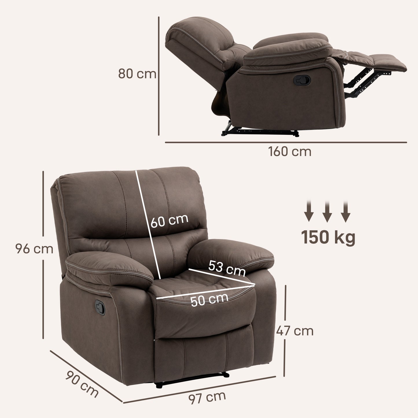 HOMCOM Polstersessel mit Fußstütze, Entspannungssessel zum Zurücklehnen, Mikrofaserbezug in Lederoptik, Metallstruktur, Braun