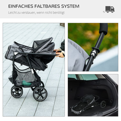 PawHut Hundebuggy Haustierwagen bis 10kg klappbar Regenschutz 2 Sicherheitsleinen 83cm x 55cm x 101cm Grau + Schwarz
