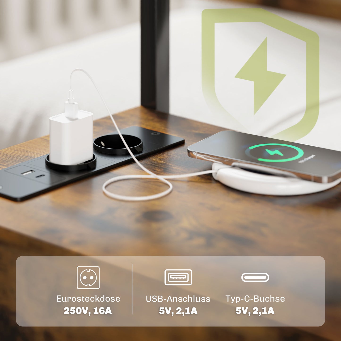 HOMCOM Beistelltisch mit Aufladestation, USB-Anschlüssen, Steckdosen, 2 Schubladen und Regal für Wohnzimmer, Schlafzimmer