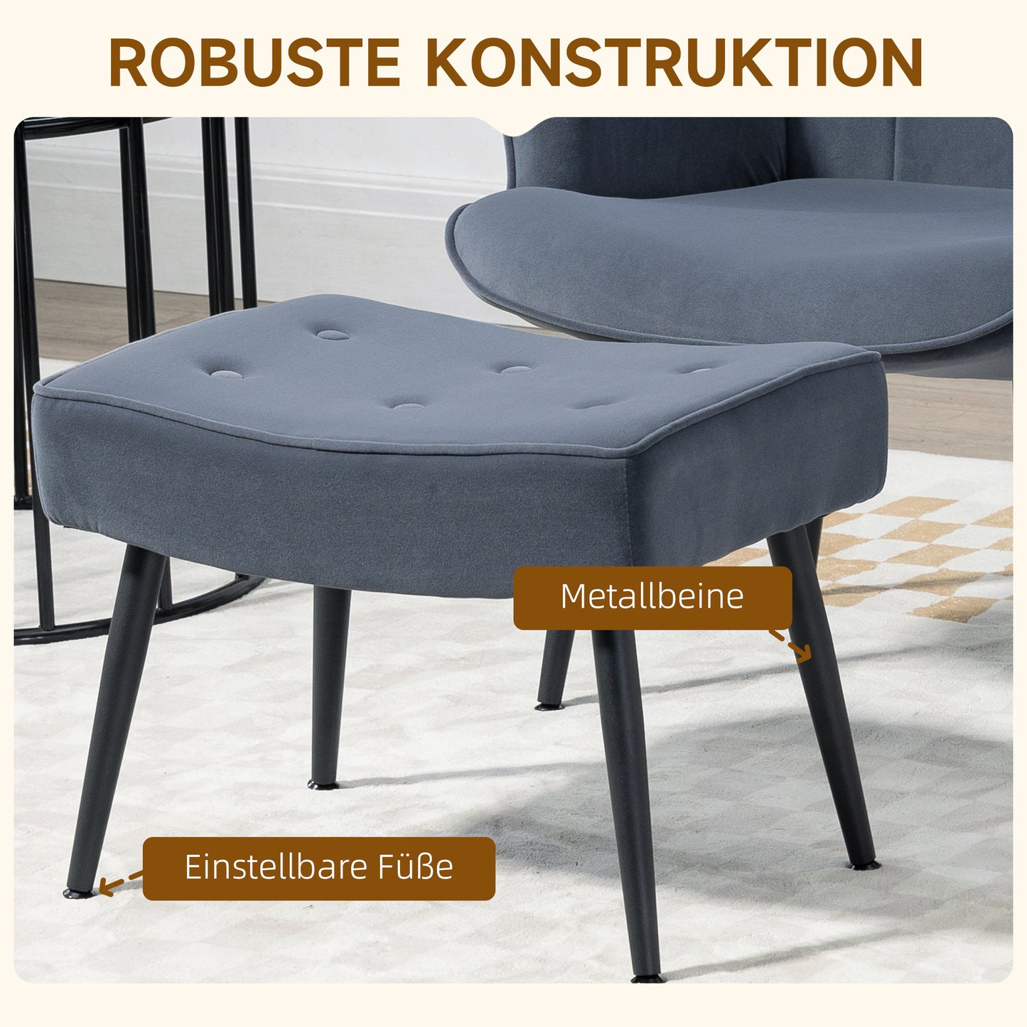 HOMCOM Sessel mit Ottomane, bis 120 kg. Knopfheftung, Dunkelgrau