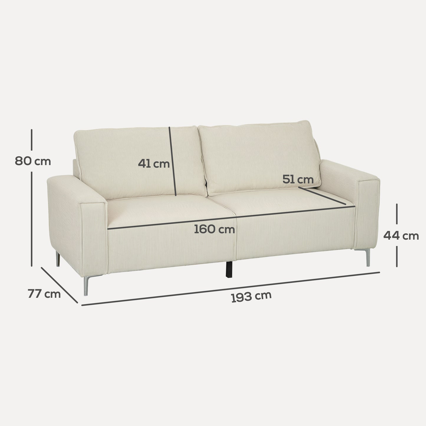 HOMCOM Modernes 3-Sitzer-Sofa, Weiche Couch mit Rückenkissen, Polstersofa für Wohnzimmer, Schlafzimmer, Homeoffice, Cremeweiß
