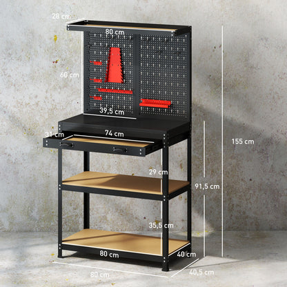 HOMCOM Werkbank 80 x 40,5 x 155 cm Werkzeugbank mit Lochwand, Haken, Schublade, 2 Ablagen für Werkstatt Schwarz