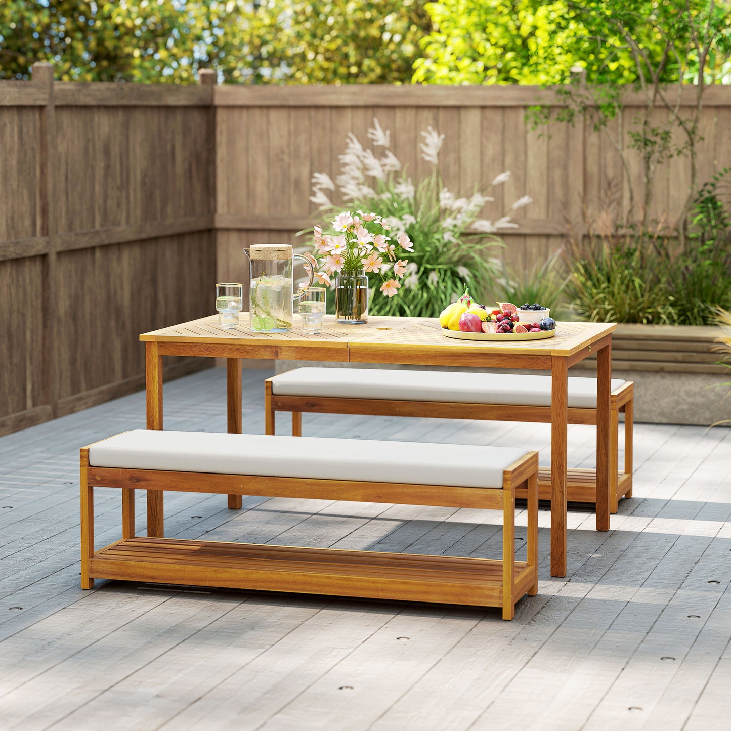 Outsunny 3 tlg. Gartenmöbel-Set, Sitzgarnitur inkl. 1 Esstisch mit Schirmloch, 2 Bänke 150 x 85 x 75 cm Teak