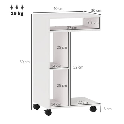 HOMCOM Beistelltisch, C-förmiger Servierwagen, 4 Rollen, 3 Fächer, 40 x 30 x 69 cm, Weiß