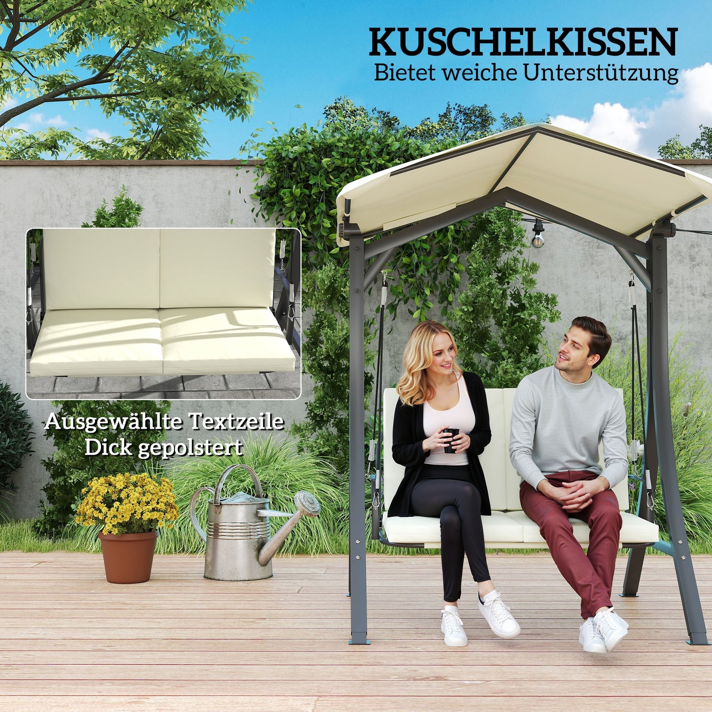 Outsunny Hollywoodschaukel mit verstellbarem Sonnendach Sitzauflage, 2-Sitzer bis 220kg 150x120x182cm, Cremeweiß