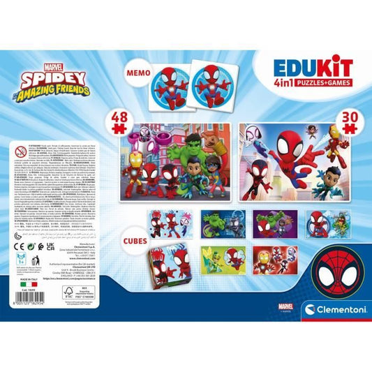 Clementoni - Edukit - 4 in 1 Spidey box set - A puzzle of 30 and 48 pieces, a memo and six cubes - Ages 4 and up