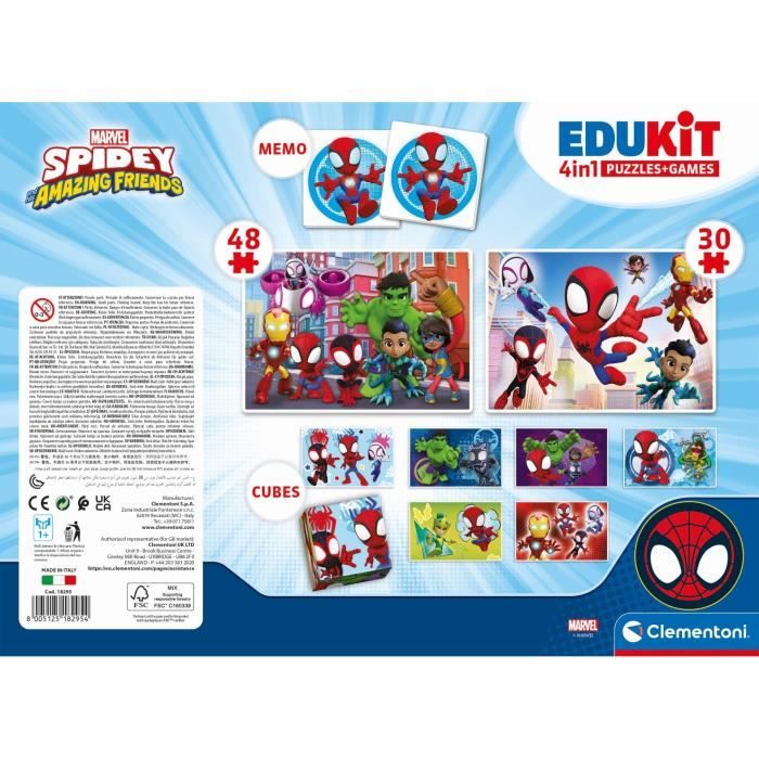 Clementoni - Edukit - 4 in 1 Spidey box set - A puzzle of 30 and 48 pieces, a memo and six cubes - Ages 4 and up