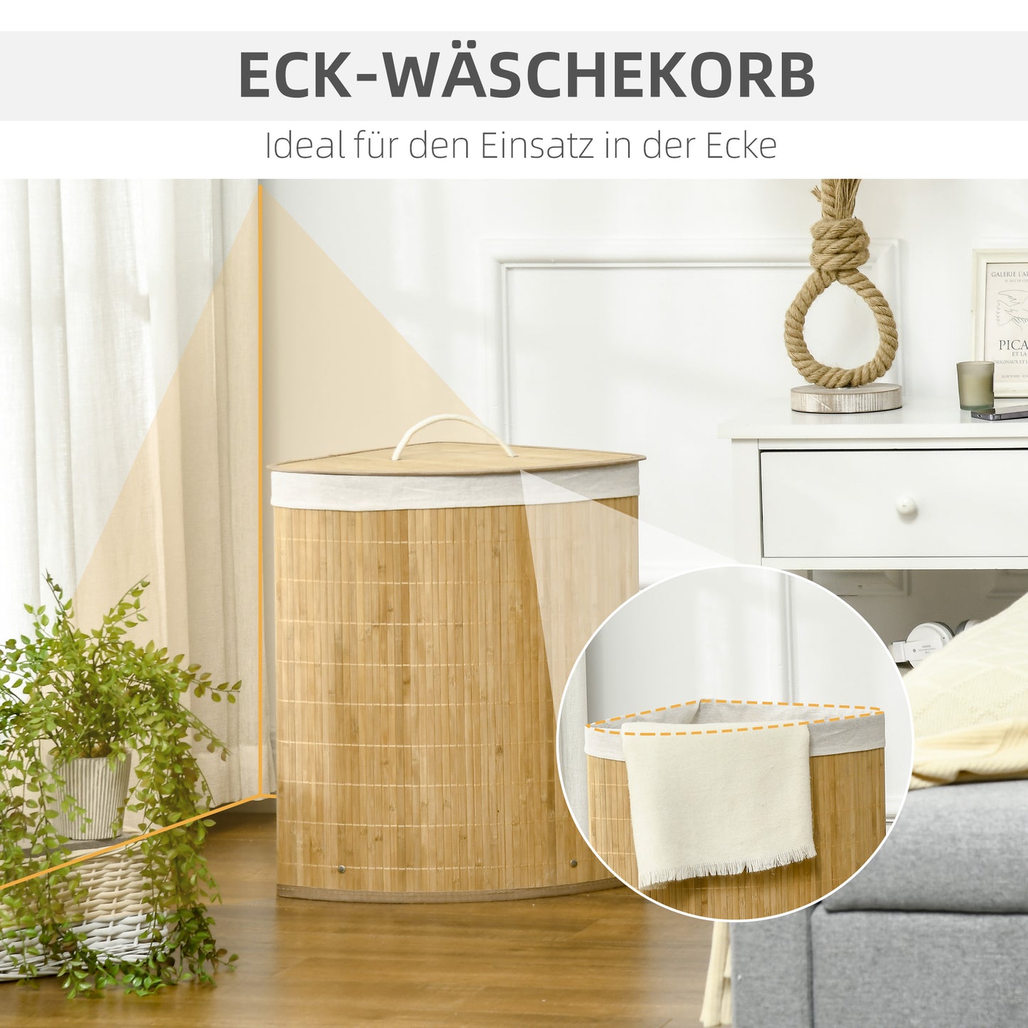 HOMCOM 55 L Wäschekorb mit Deckel, Griff, Wäschesortierer mit herausnehmbarem Wäschesack für Badezimmer, Bambus, Natur