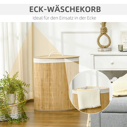 HOMCOM 55 L Wäschekorb mit Deckel, Griff, Wäschesortierer mit herausnehmbarem Wäschesack für Badezimmer, Bambus, Natur