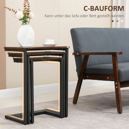 HOMCOM Satztisch, Beistelltisch, 3er-Set, Industrial Design, Stahlrahmen, braun+schwarz, 45 x 30 x 60cm