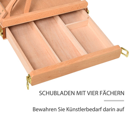 Vinsetto Staffelei Keilrahmen Kofferstaffelei Atelierstaffelei Winkelverstellbar Faltbar mit Schublade Buchenholz Natur 42 x 36 x 12,5 cm