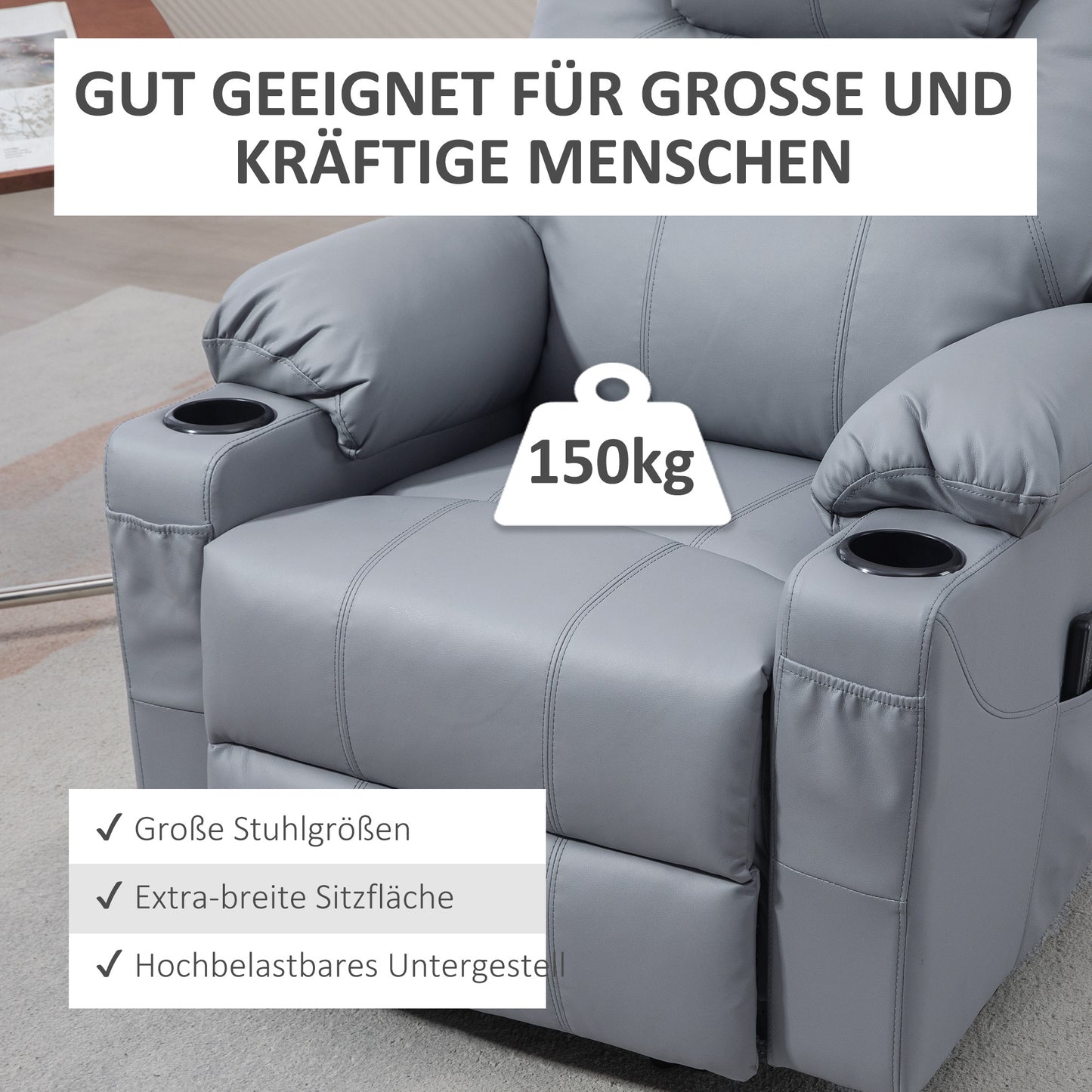 HOMCOM Massagesessel Aufstehhilfe Seniorensessel, 8 Massagemodi, neigbare Rückenlehne, 88c m x 99 cm x 106 cm,Grau