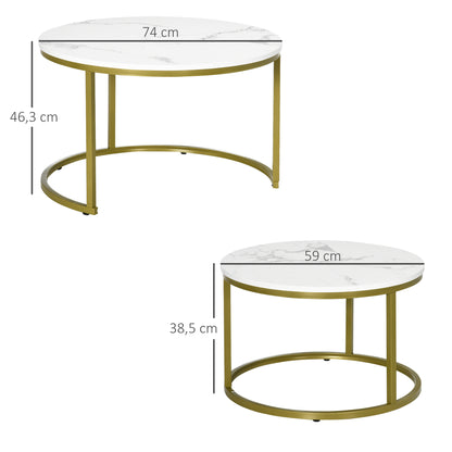 HOMCOM Beistelltisch-Set, 2 Satztische, Ø74 & Ø59 cm, Marmoroptik, Rahmen in Gold