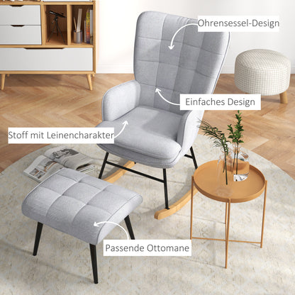 HOMCOM Schaukelstuhl mit Ottomane Skandidesign Schaukelstuhl mit Fußhocker, Buchenholz, Steppung, 64 cm x 89 cm x 90 cm Grau