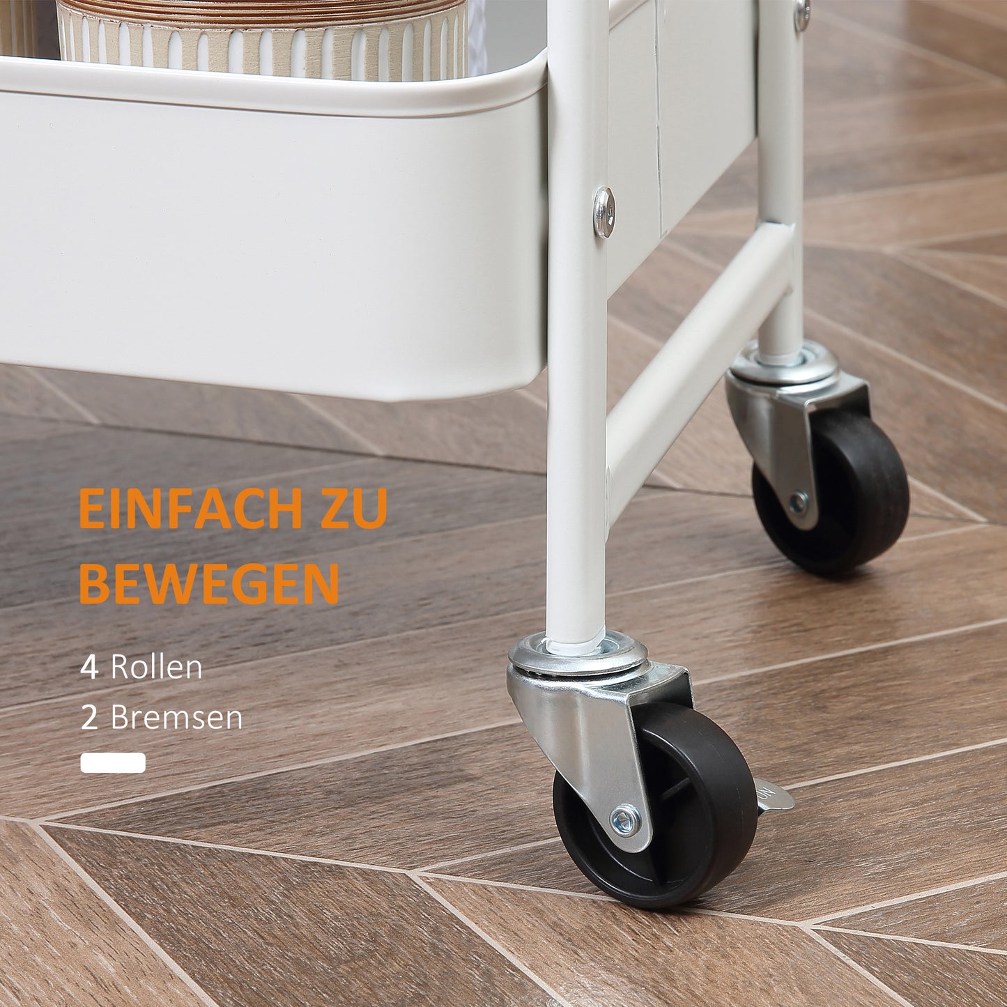 HOMCOM Servierwagen mit 3 Ebenen Küchenwagen mit Rollen Griff Küchenregal mit Korb und Deckel Rollwagen Allzweckwagen für Küche Büro Badezimmer, Weiß