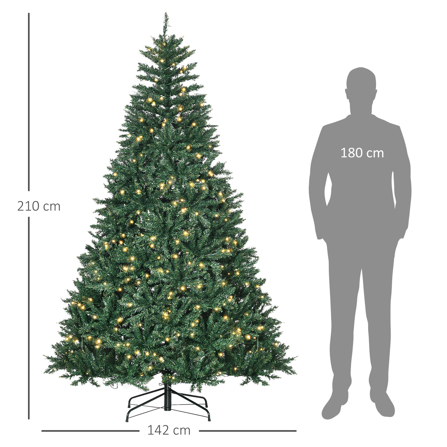 HOMCOM Weihnachtsbaum, 700 warmweiße LEDs, 2154 Zweige, flammhemmend, Kunststoff/Metall, 210 x 142 cm, Grün
