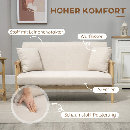 HOMCOM 2-Sitzer Sofa, Stoffbezug in Leinenoptik, kompakt, bis 200 kg, Holzrahmen, 123L x 69B x 74H cm, Beige