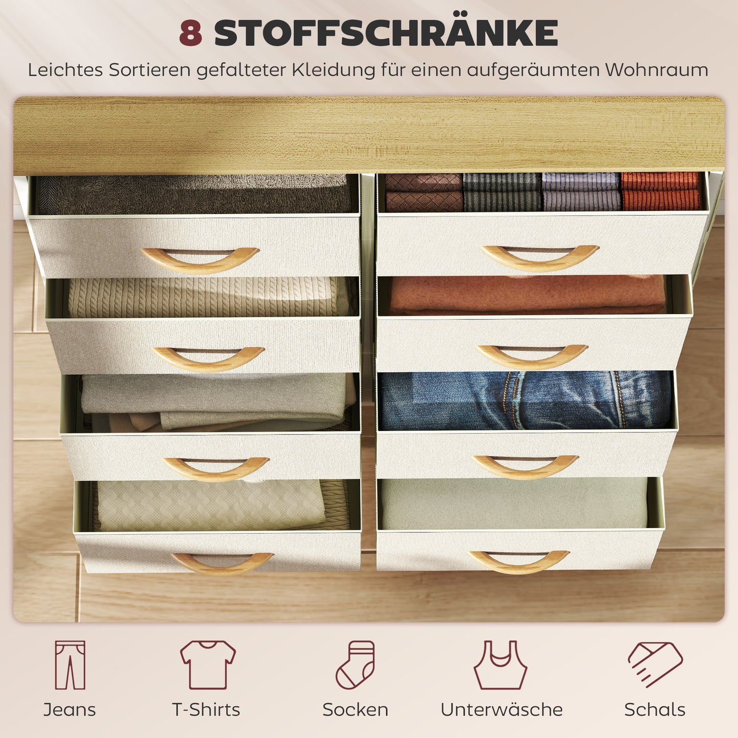 HOMCOM Schlafzimmer-Kommode mit 8 Stoffschubladen, Stahlstreben, Holzoberfläche, 4 Aufbewahrungstaschen, 2 Haken, Beige